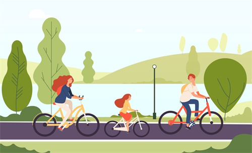 父母和孩子在户外公园一起骑自行车