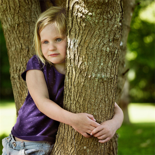 抱着树思考的小女孩
