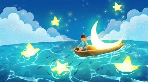 捞月亮和星星的小男孩